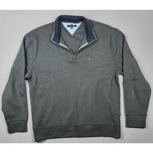 Large Men's Quarter Zip Tommy Hilfiger gray polo long sleeve sweater - preppy